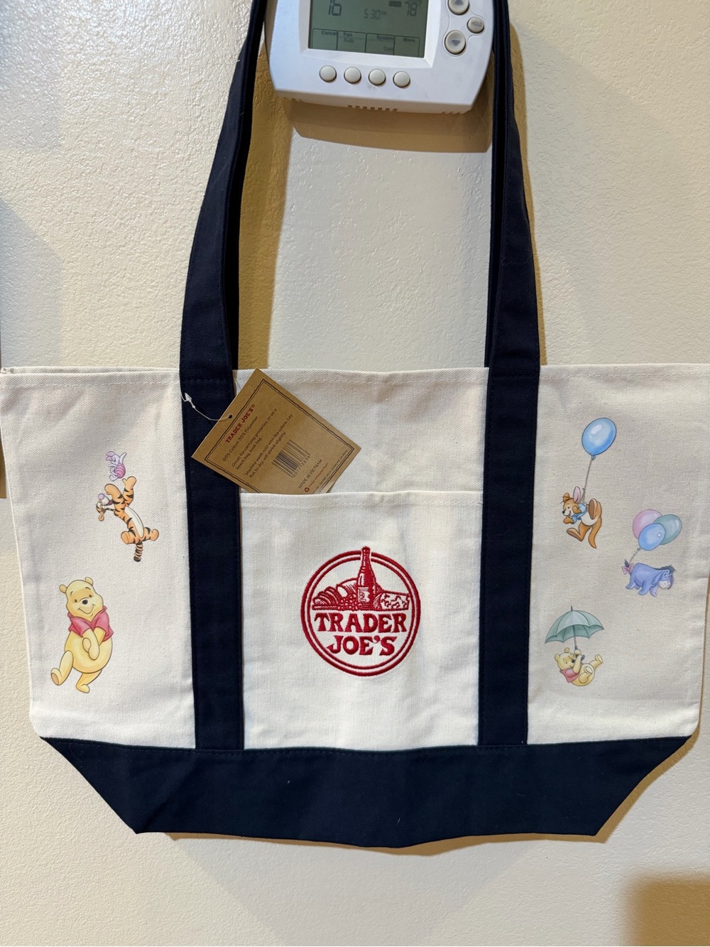 Large Navy Trader Joe’s tote with Winnie the Pooh design
